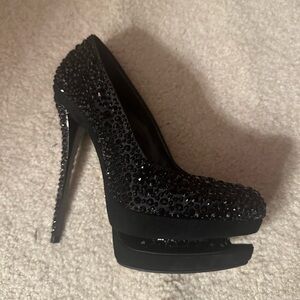 Black Label Gianmarco Lorenzi suede stiletto heels with black crystals. Box